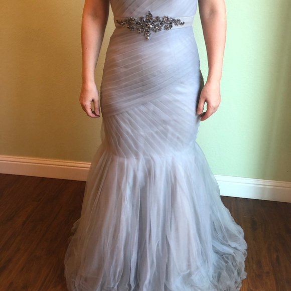 TERANI COUTURE PLEATED SILVER MERMAID GOWN - Picture 3 of 3